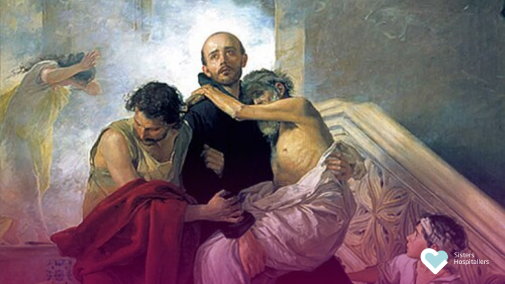 Saint John of God caring for the sick, symbol of compassionate healthcare and inspiration for the Hospitaller mission